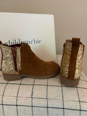 Childrenchic Girls' Gold Glitter & Brown Suede Ankle Boots